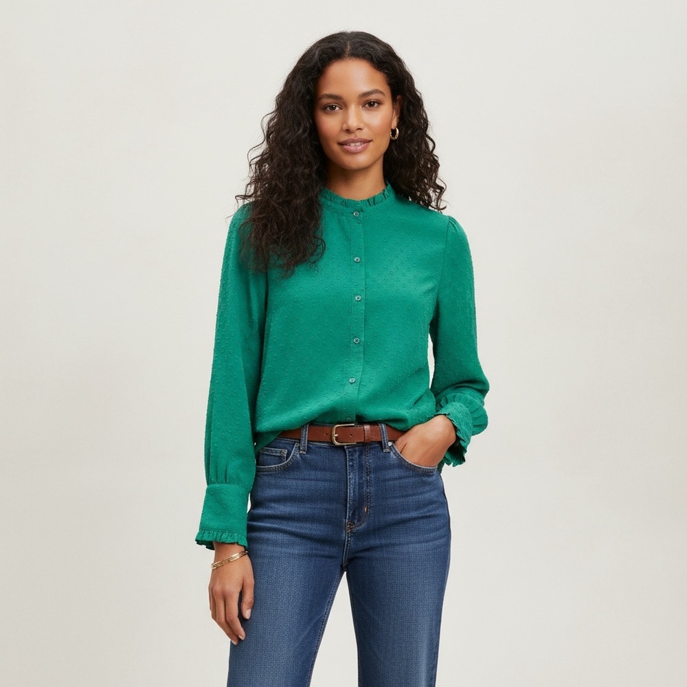 Swiss Dot Emerald Green button down blouse women’s size Medium